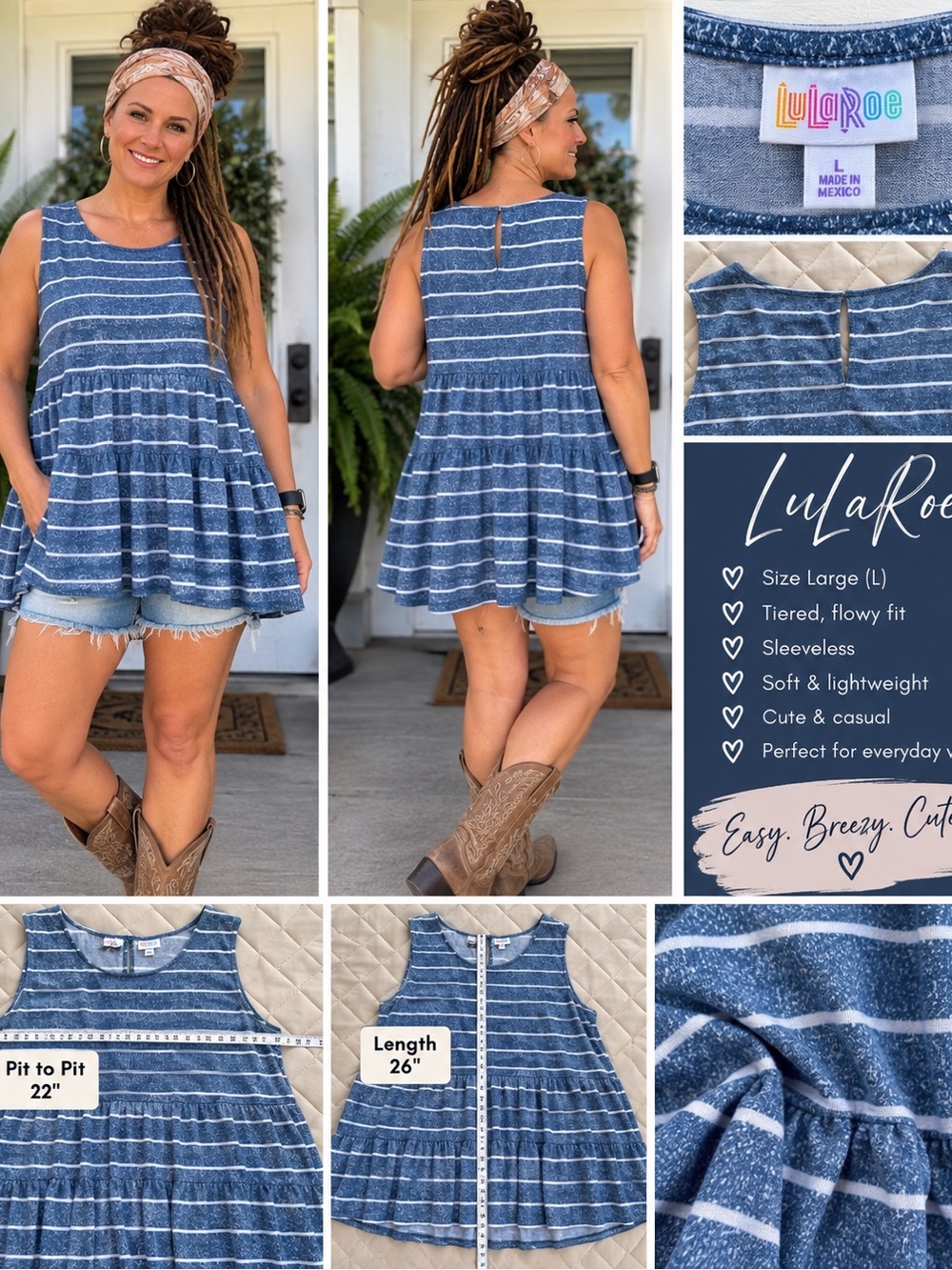 LuLaRoe Girls' Blue and White Striped Tiered Sleeveless Dress